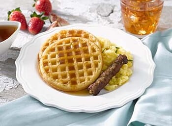Homestyle Waffles with Scrambled Eggs and Maple Syrup